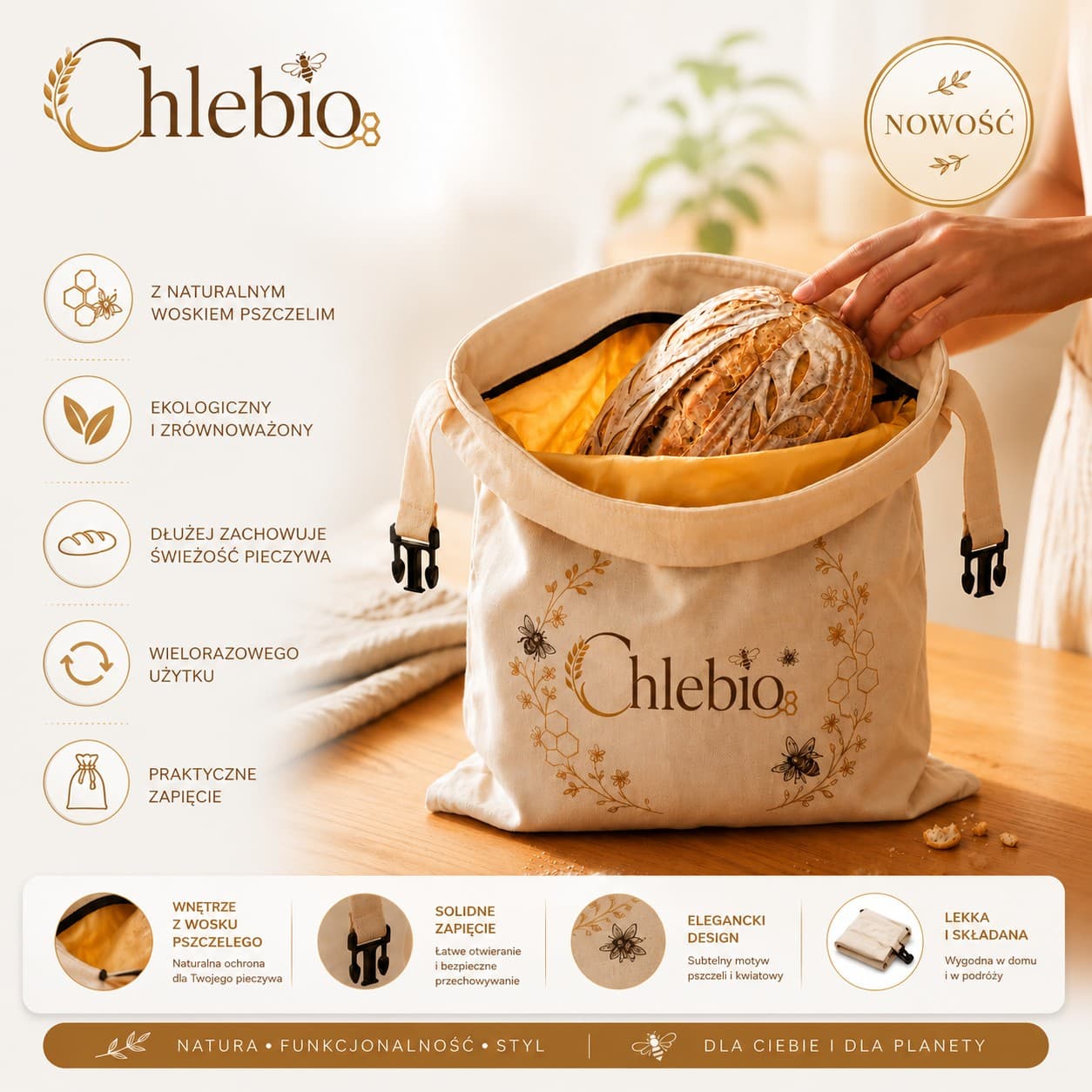 Chlebio™ – worek z naturalnym woskiem pszczelim do przechowywania chleba